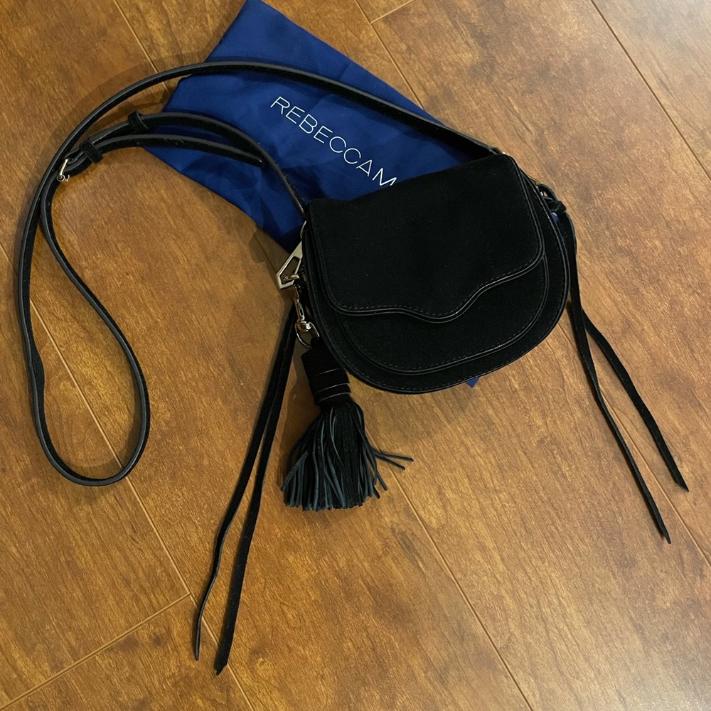 Rebecca Minkoff Black Suede Mini Suki Crossbody Purse Bag w/ Tassels & Dust Bag